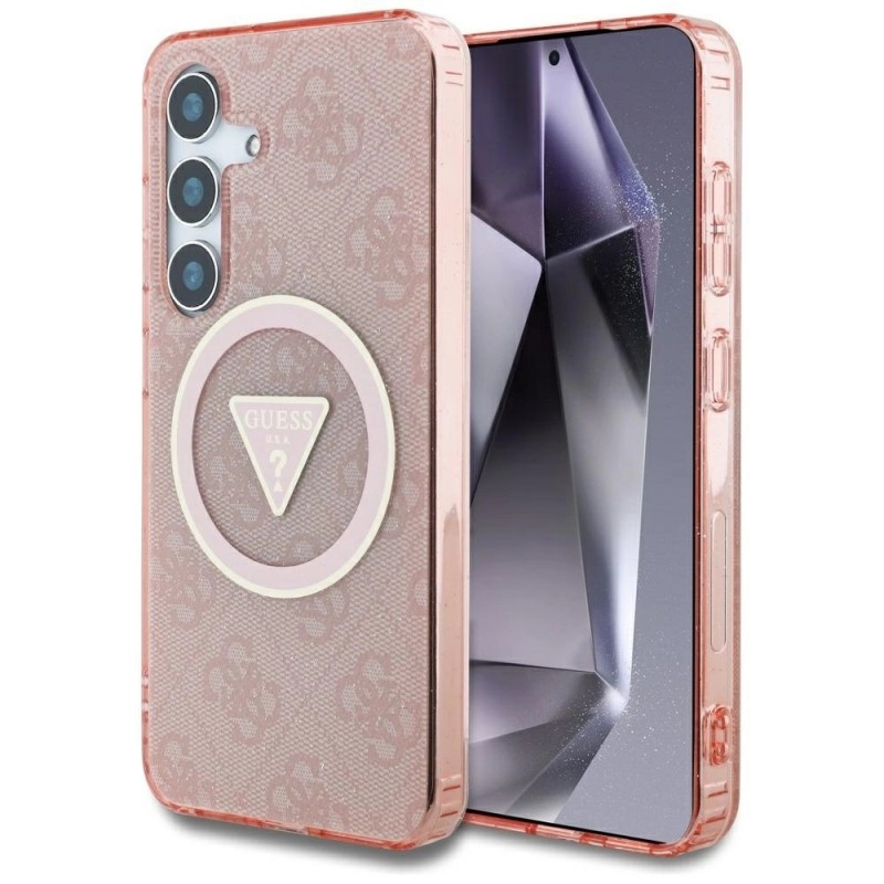 Оригинален кейс Guess 4G Glitter Triangle Buttons MagSafe, За Samsung Galaxy S25, Розов