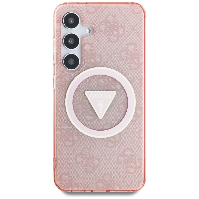 Оригинален кейс Guess 4G Glitter Triangle Buttons MagSafe, За Samsung Galaxy S25, Розов