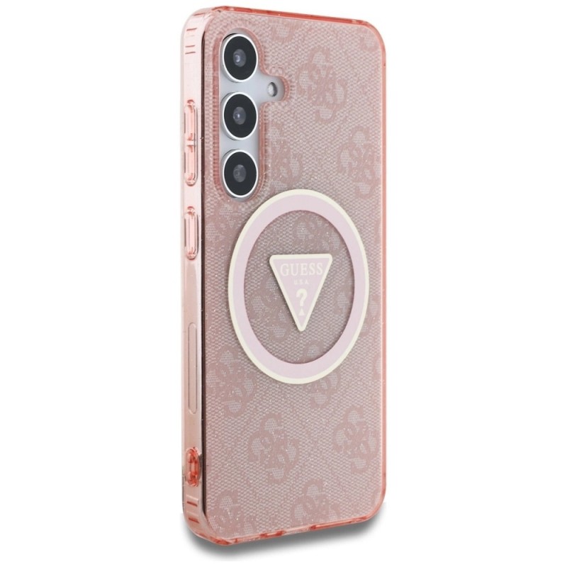 Оригинален кейс Guess 4G Glitter Triangle Buttons MagSafe, За Samsung Galaxy S25, Розов