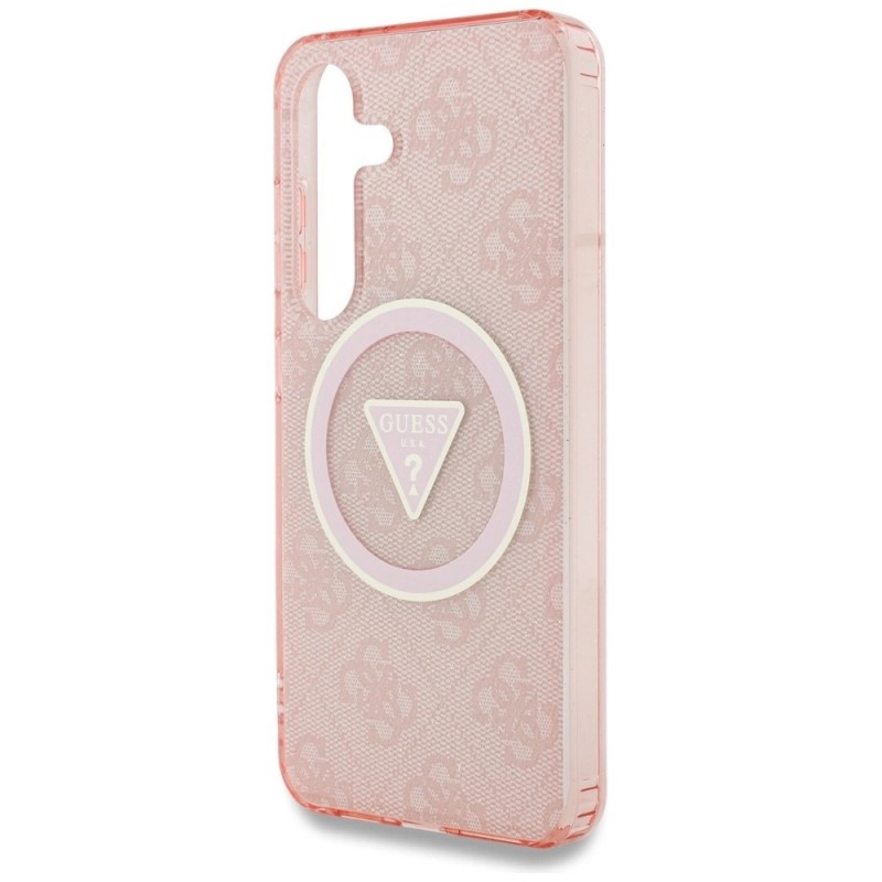 Оригинален кейс Guess 4G Glitter Triangle Buttons MagSafe, За Samsung Galaxy S25, Розов