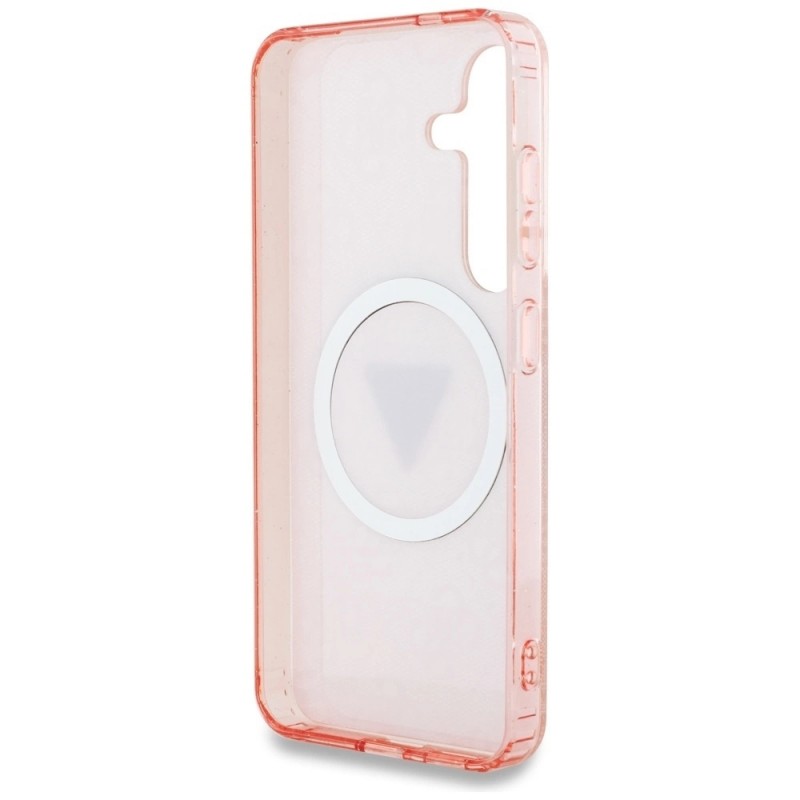 Оригинален кейс Guess 4G Glitter Triangle Buttons MagSafe, За Samsung Galaxy S25, Розов