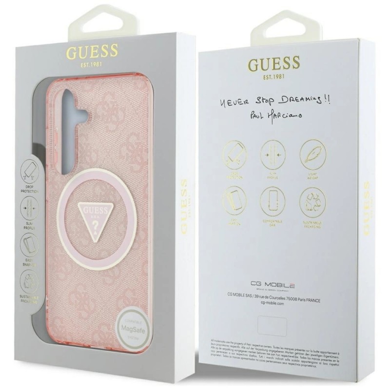 Оригинален кейс Guess 4G Glitter Triangle Buttons MagSafe, За Samsung Galaxy S25, Розов
