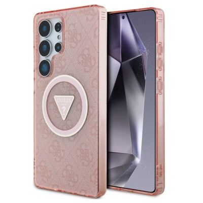 Оригинален кейс Guess 4G Glitter Triangle Buttons MagSafe, За Samsung Galaxy S25 Ultra, Розов