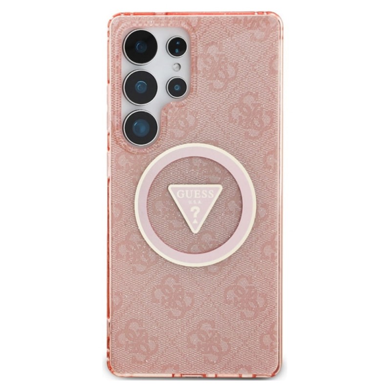 Оригинален кейс Guess 4G Glitter Triangle Buttons MagSafe, За Samsung Galaxy S25 Ultra, Розов