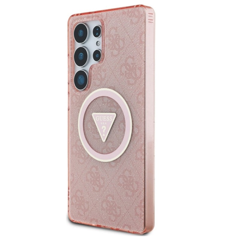 Оригинален кейс Guess 4G Glitter Triangle Buttons MagSafe, За Samsung Galaxy S25 Ultra, Розов