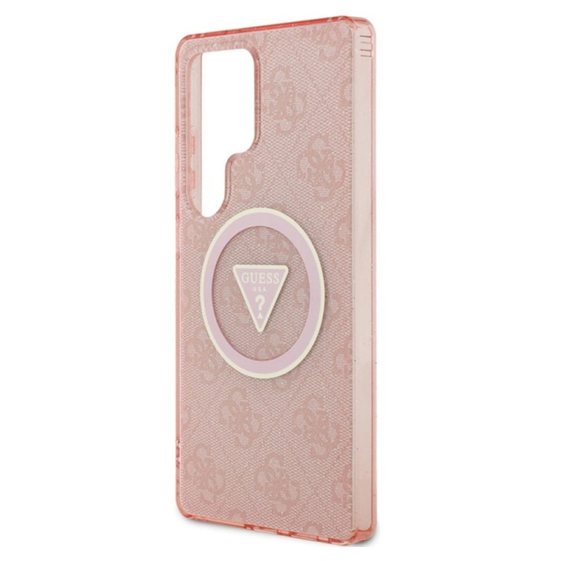 Оригинален кейс Guess 4G Glitter Triangle Buttons MagSafe, За Samsung Galaxy S25 Ultra, Розов