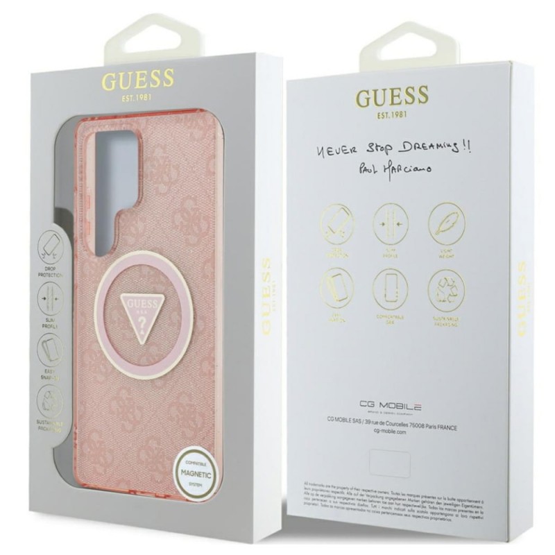 Оригинален кейс Guess 4G Glitter Triangle Buttons MagSafe, За Samsung Galaxy S25 Ultra, Розов