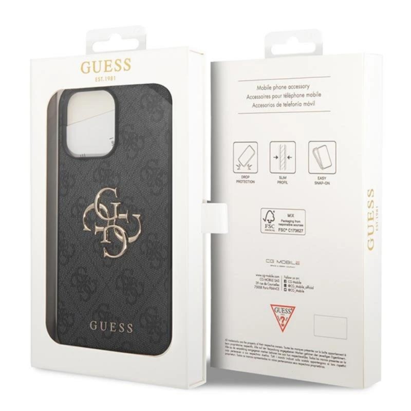 Оригинален кейс Guess 4G Metal Logo, За iPhone 15 Pro Max (6.7), Сив