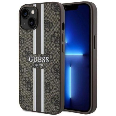 Оригинален кейс Guess 4G Printed Stripes MagSafe, За iPhone 15 (6.1), Кафяв