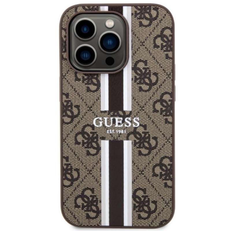 Оригинален кейс Guess 4G Printed Stripes MagSafe, За iPhone 15 (6.1), Кафяв