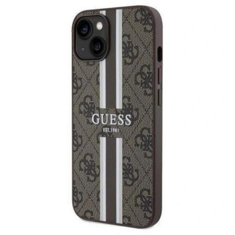 Оригинален кейс Guess 4G Printed Stripes MagSafe, За iPhone 15 (6.1), Кафяв