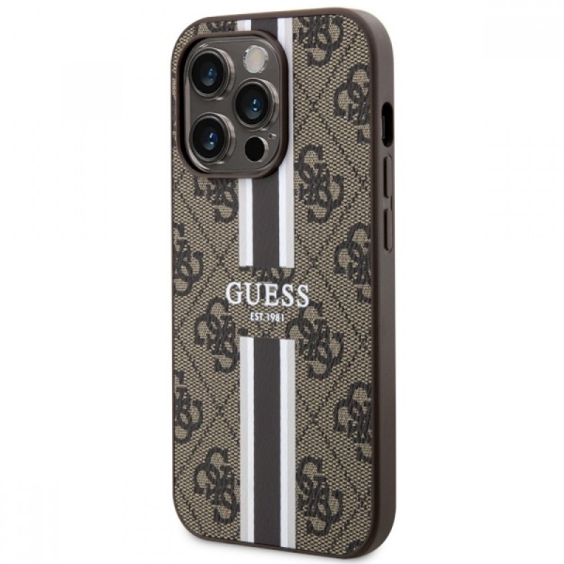 Оригинален кейс Guess 4G Printed Stripes MagSafe, За iPhone 15 Pro Max (6.7), Кафяв