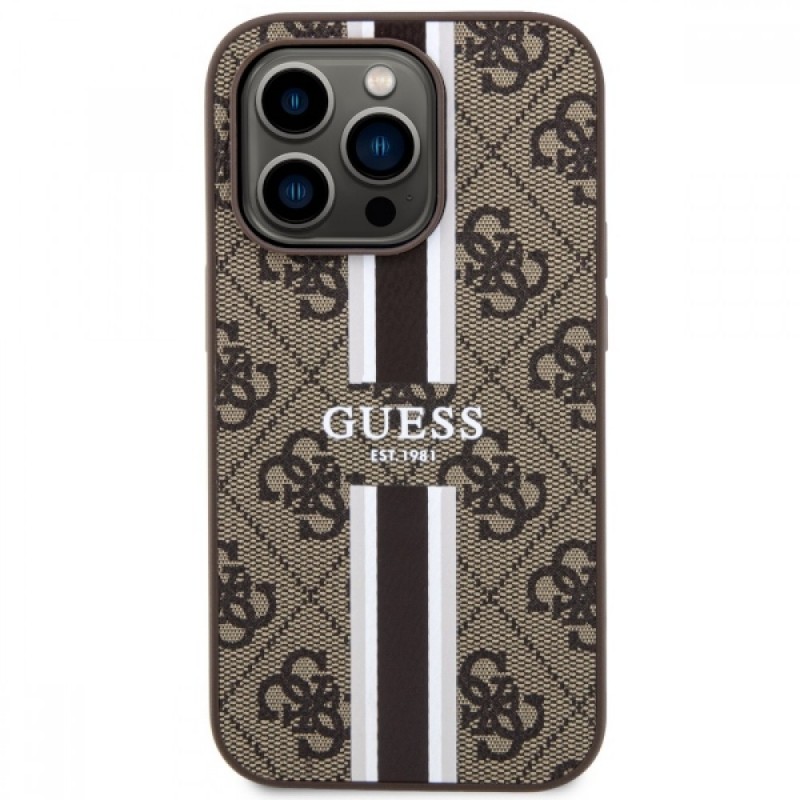 Оригинален кейс Guess 4G Printed Stripes MagSafe, За iPhone 15 Pro Max (6.7), Кафяв