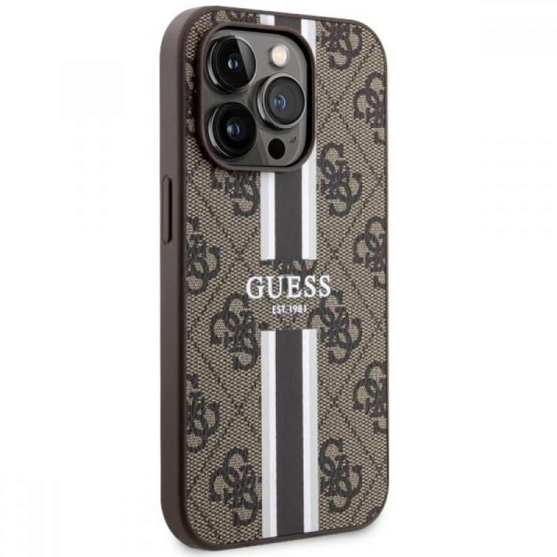 Оригинален кейс Guess 4G Printed Stripes MagSafe, За iPhone 15 Pro Max (6.7), Кафяв