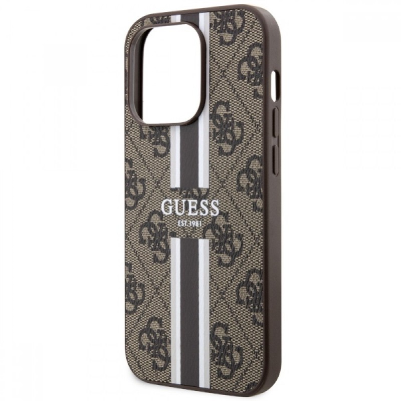 Оригинален кейс Guess 4G Printed Stripes MagSafe, За iPhone 15 Pro Max (6.7), Кафяв