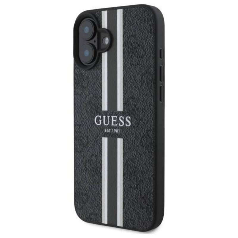 Оригинален кейс Guess 4G Printed Stripes MagSafe, За iPhone 16 (6.1), Черен