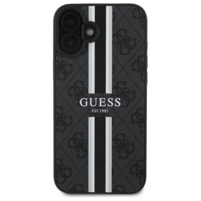 Оригинален кейс Guess 4G Printed Stripes MagSafe, За iPhone 16 (6.1), Черен