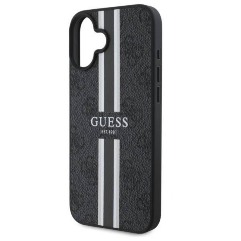 Оригинален кейс Guess 4G Printed Stripes MagSafe, За iPhone 16 (6.1), Черен
