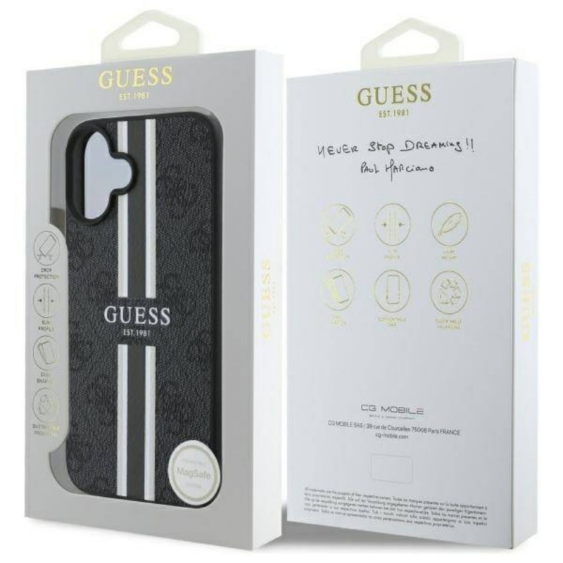 Оригинален кейс Guess 4G Printed Stripes MagSafe, За iPhone 16 (6.1), Черен