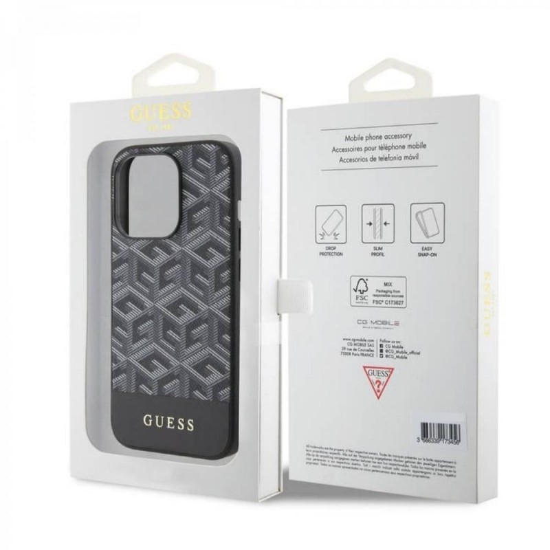 Оригинален кейс Guess GCube Stripes MagSafe, За iPhone 15 Pro (6.1), Черен