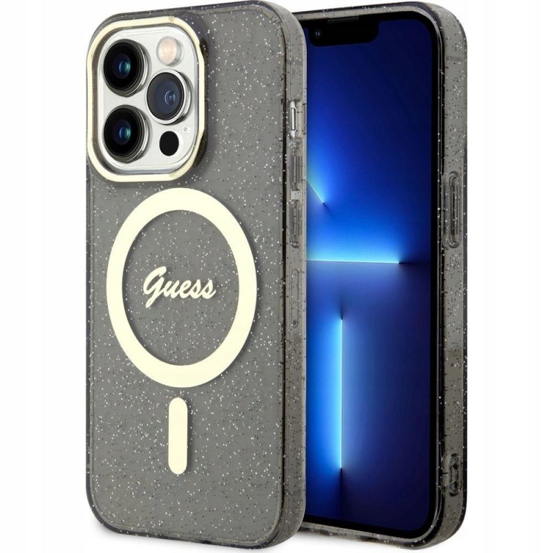 Оригинален кейс Guess Glitter Gold MagSafe, За iPhone 14 Pro (6.1), Черен