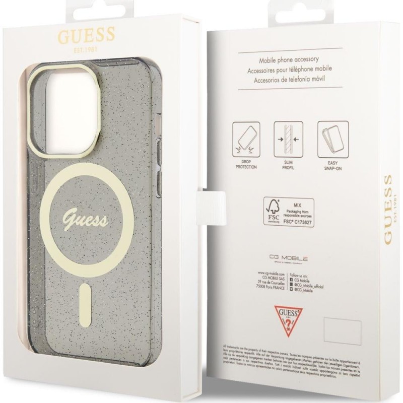 Оригинален кейс Guess Glitter Gold MagSafe, За iPhone 14 Pro (6.1), Черен