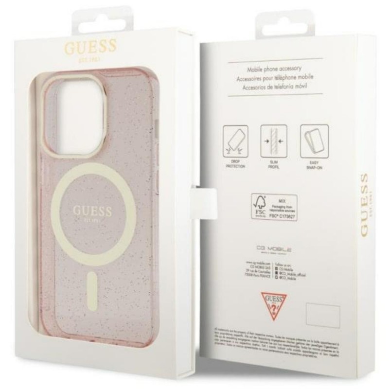Оригинален кейс Guess Glitter Gold MagSafe, За iPhone 14 Pro (6.1), Розов