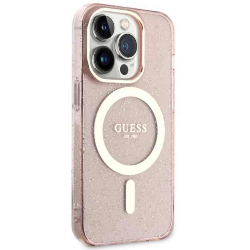 Оригинален кейс Guess Glitter Gold MagSafe, За iPhone 14 Pro Max (6.7), Розов