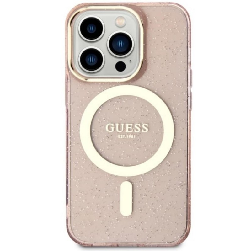 Оригинален кейс Guess Glitter Gold MagSafe, За iPhone 14 Pro Max (6.7), Розов