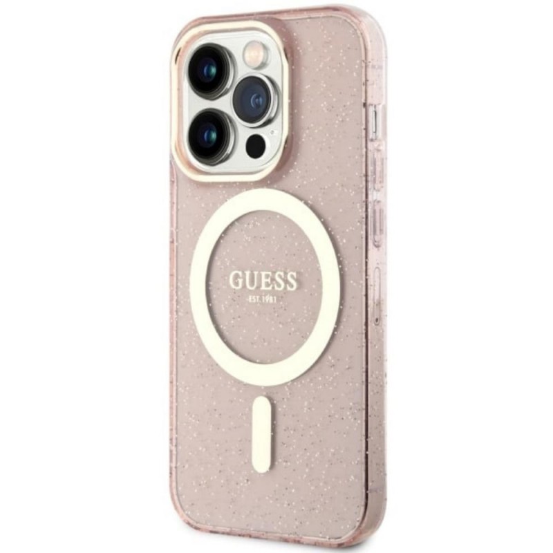Оригинален кейс Guess Glitter Gold MagSafe, За iPhone 14 Pro Max (6.7), Розов