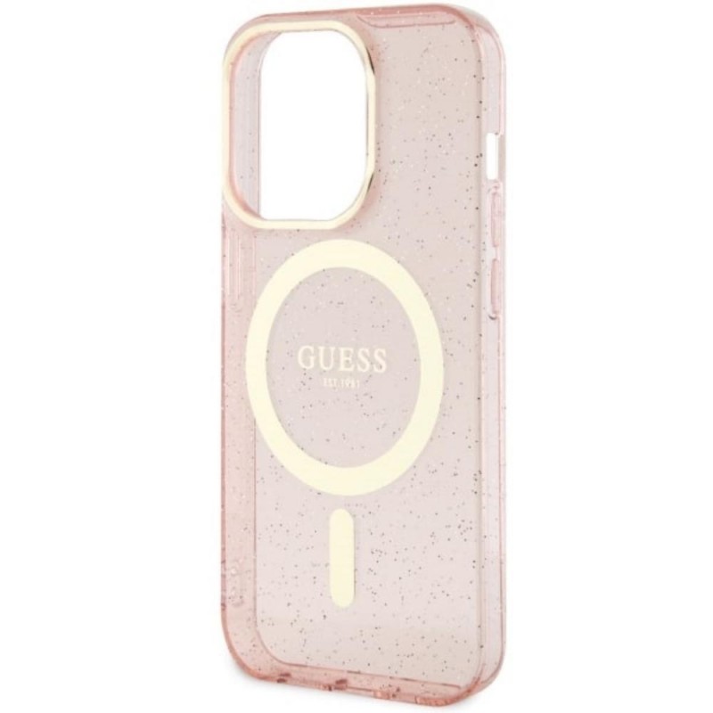 Оригинален кейс Guess Glitter Gold MagSafe, За iPhone 14 Pro Max (6.7), Розов
