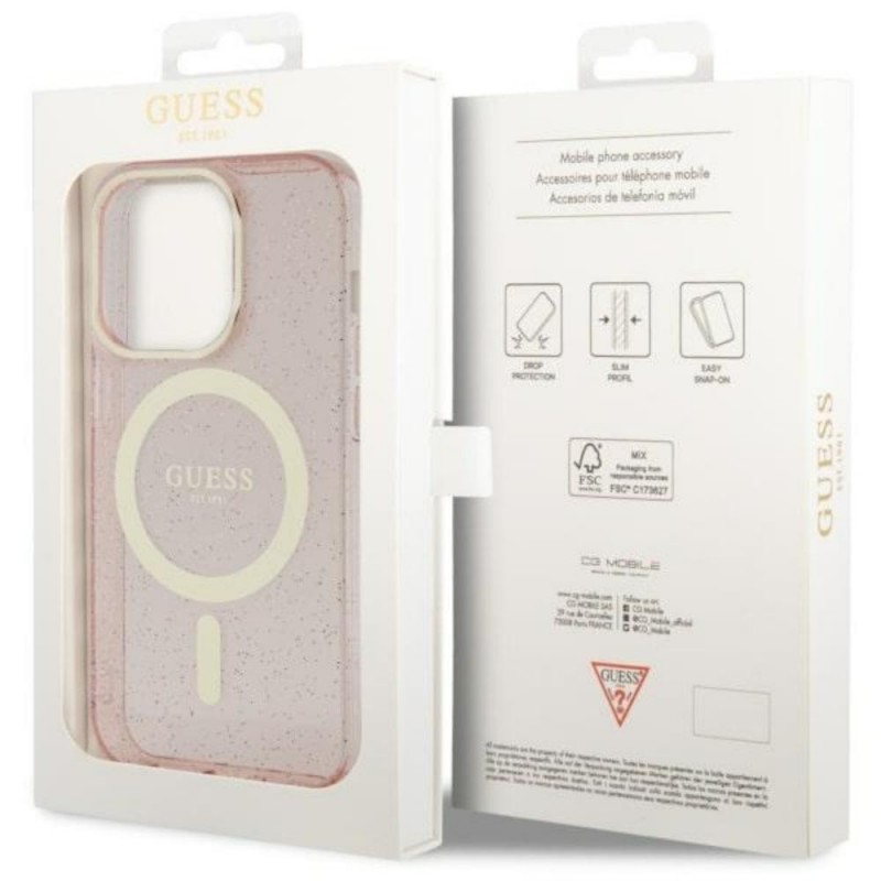 Оригинален кейс Guess Glitter Gold MagSafe, За iPhone 14 Pro Max (6.7), Розов