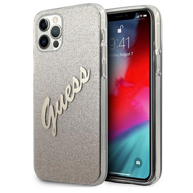 Оригинален кейс Guess Glitter Gradient Script, За iPhone 12/12 Pro (6.1), Златист