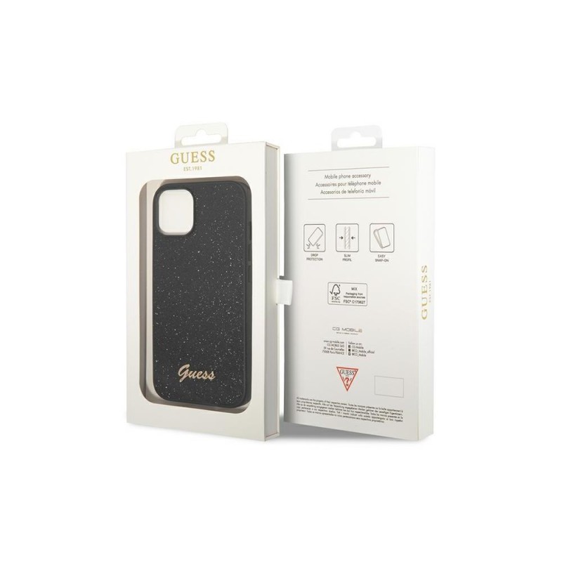 Оригинален кейс Guess Glitter Script, За iPhone 14 Pro (6.1), Черен