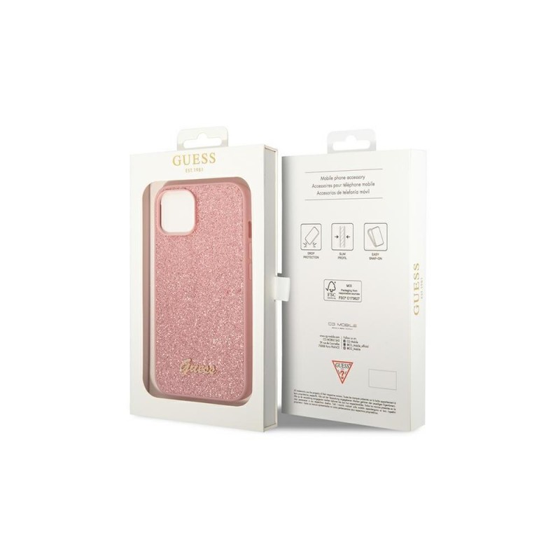 Оригинален кейс Guess Glitter Script, За iPhone 14 Pro Max (6.7), Розов
