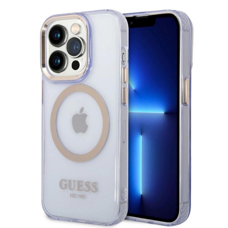 Оригинален кейс Guess Gold Outline Translucent MagSafe, За iPhone 14 Pro (6.1), Лилав