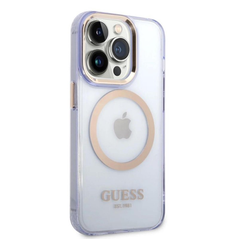 Оригинален кейс Guess Gold Outline Translucent MagSafe, За iPhone 14 Pro (6.1), Лилав