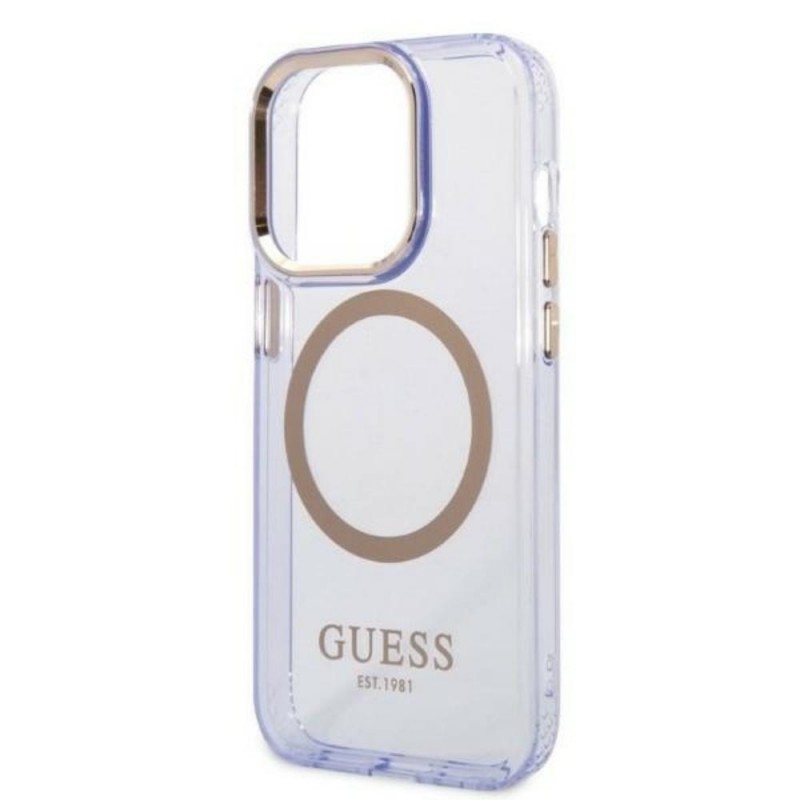 Оригинален кейс Guess Gold Outline Translucent MagSafe, За iPhone 14 Pro (6.1), Лилав