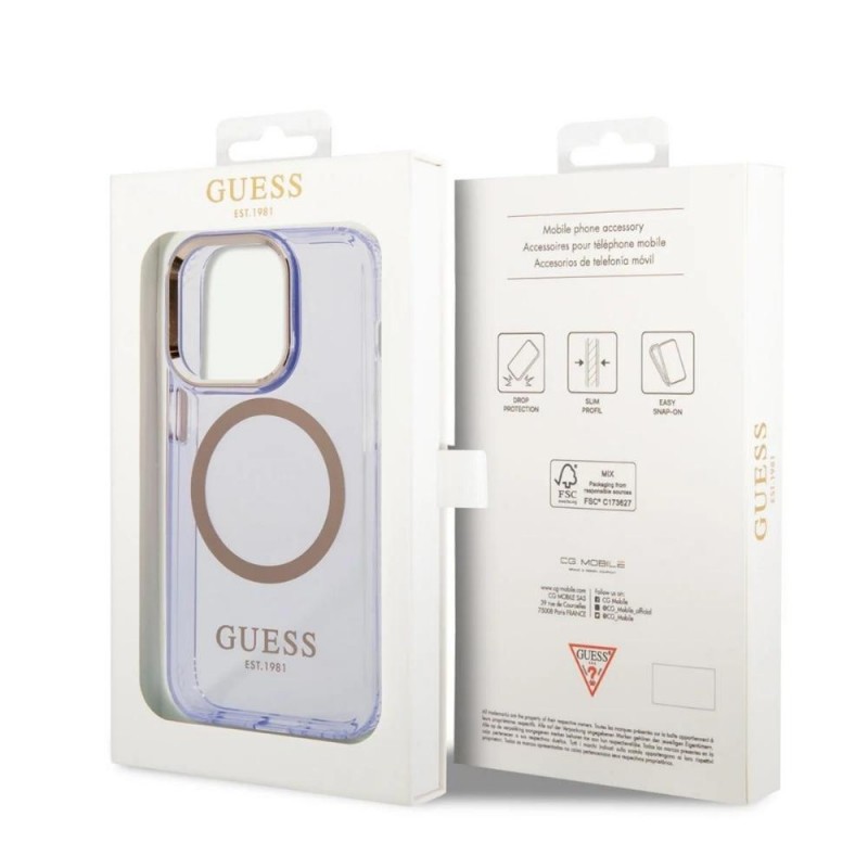 Оригинален кейс Guess Gold Outline Translucent MagSafe, За iPhone 14 Pro (6.1), Лилав