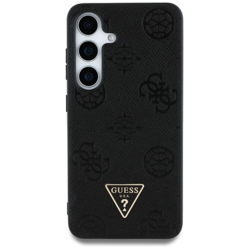 Оригинален кейс Guess Grained Hot Stamp Peony Triangle Logo MagSafe, За Samsung Galaxy S25, Черен
