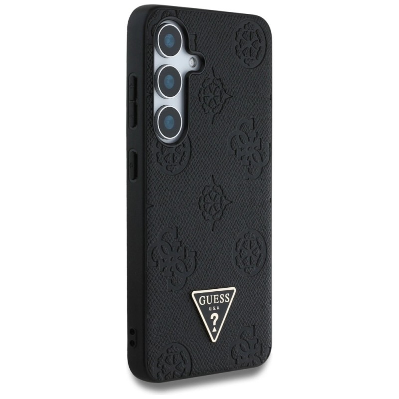 Оригинален кейс Guess Grained Hot Stamp Peony Triangle Logo MagSafe, За Samsung Galaxy S25, Черен