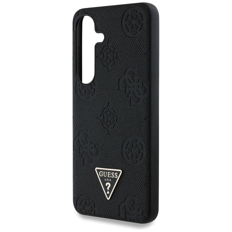 Оригинален кейс Guess Grained Hot Stamp Peony Triangle Logo MagSafe, За Samsung Galaxy S25, Черен