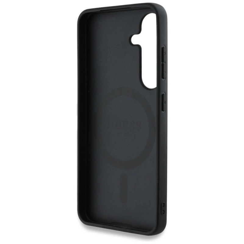 Оригинален кейс Guess Grained Hot Stamp Peony Triangle Logo MagSafe, За Samsung Galaxy S25, Черен