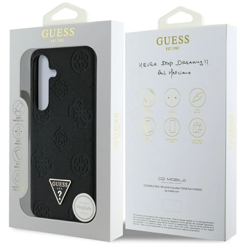 Оригинален кейс Guess Grained Hot Stamp Peony Triangle Logo MagSafe, За Samsung Galaxy S25, Черен