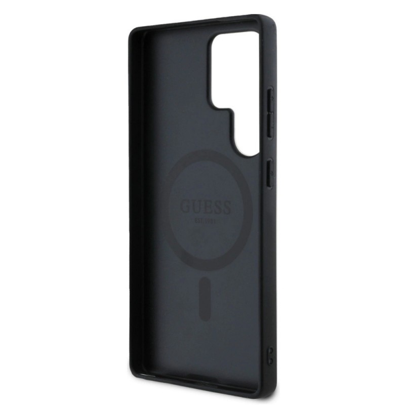 Оригинален кейс Guess Grained Hot Stamp Peony Triangle Logo MagSafe, За Samsung Galaxy S25 Ultra, Черен