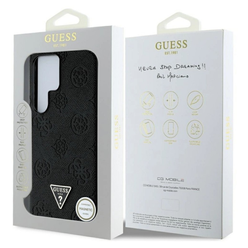 Оригинален кейс Guess Grained Hot Stamp Peony Triangle Logo MagSafe, За Samsung Galaxy S25 Ultra, Черен