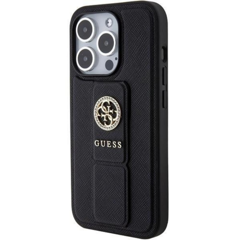 Оригинален кейс Guess Grip Stand Saffiano 4G Strass, За iPhone 15 Pro (6.1), Черен