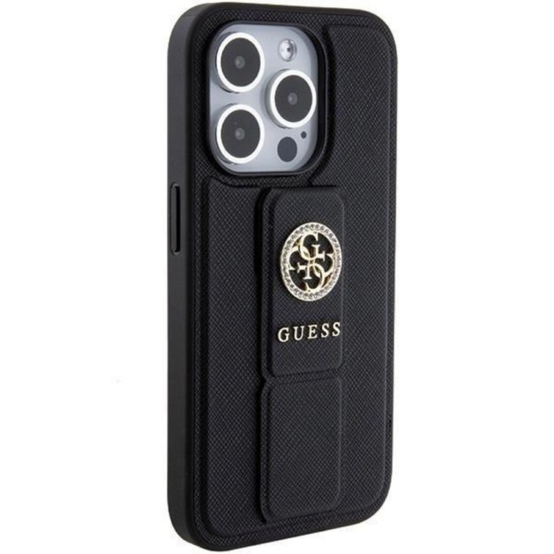 Оригинален кейс Guess Grip Stand Saffiano 4G Strass, За iPhone 15 Pro (6.1), Черен