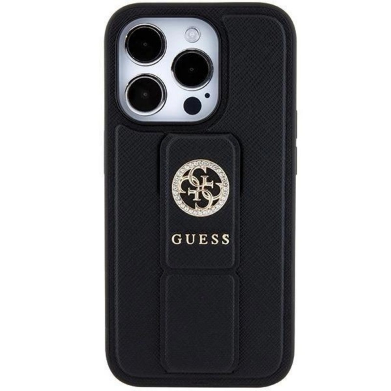 Оригинален кейс Guess Grip Stand Saffiano 4G Strass, За iPhone 15 Pro (6.1), Черен