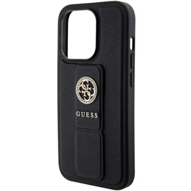 Оригинален кейс Guess Grip Stand Saffiano 4G Strass, За iPhone 15 Pro (6.1), Черен